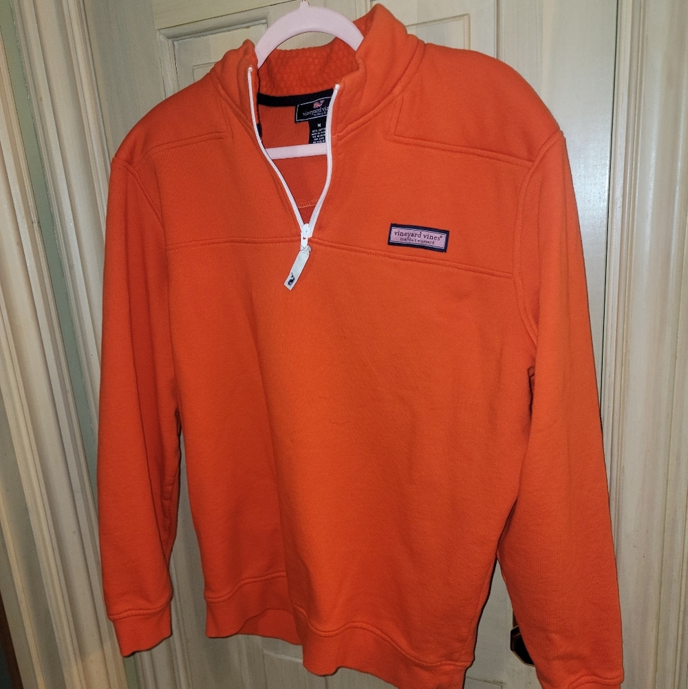 Mens Sz M Vineyard Vines Bright Orange 1/4 Zip Sweatshirt White Trim - Picture 1 of 11